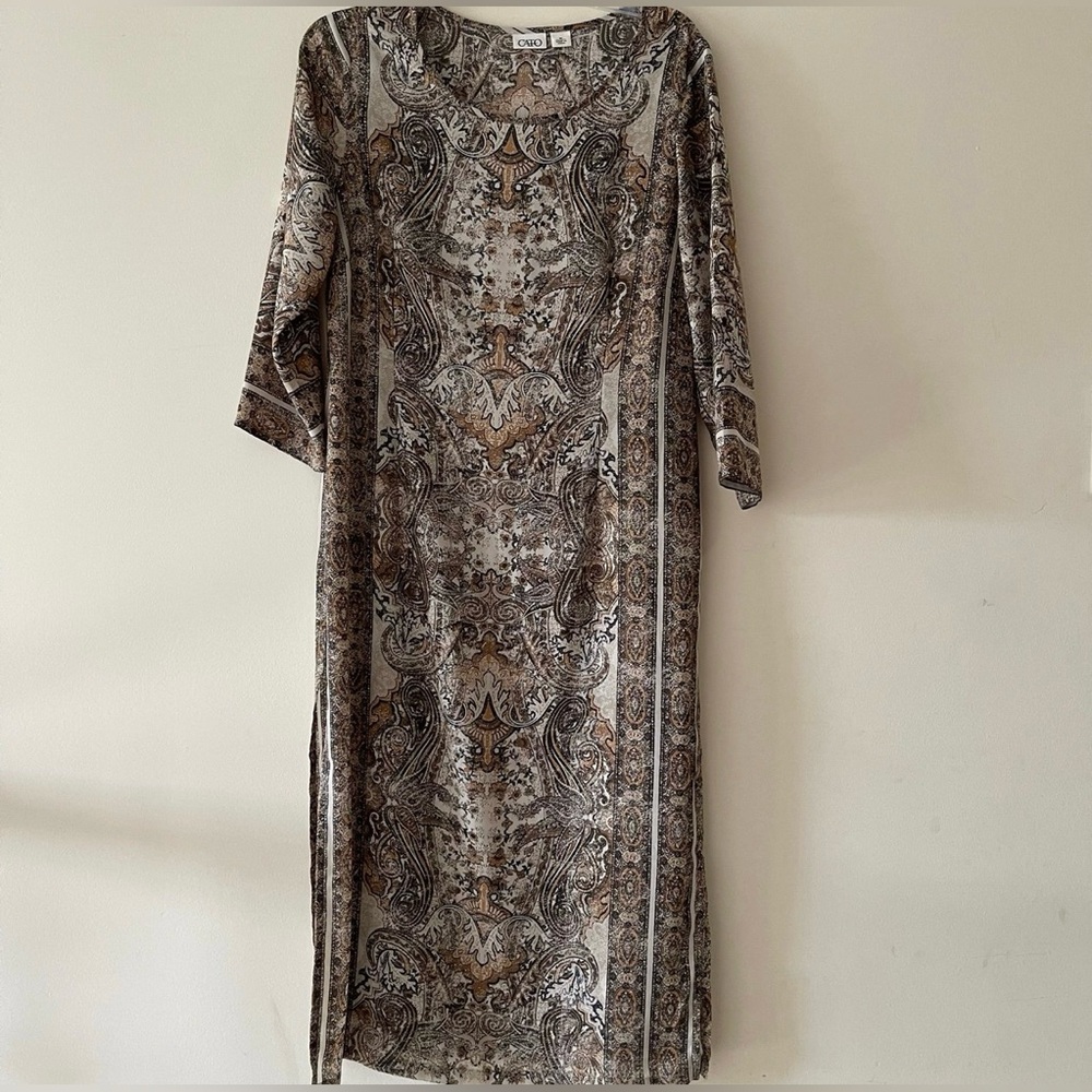 Brown Tan Multicolor 3/4 Sleeve Crew Neck High Slit Bohemian Midi Sheath Tunic